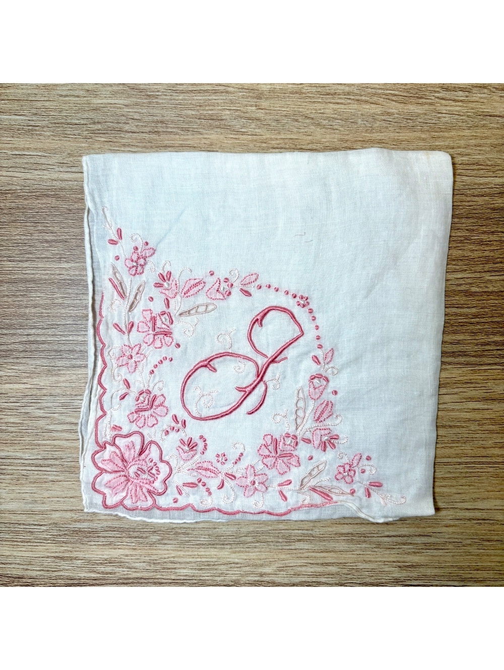 Vintage Pink Floral Embroidered Monogram Handkerchief Hanky 12x13 Sheer Cotton